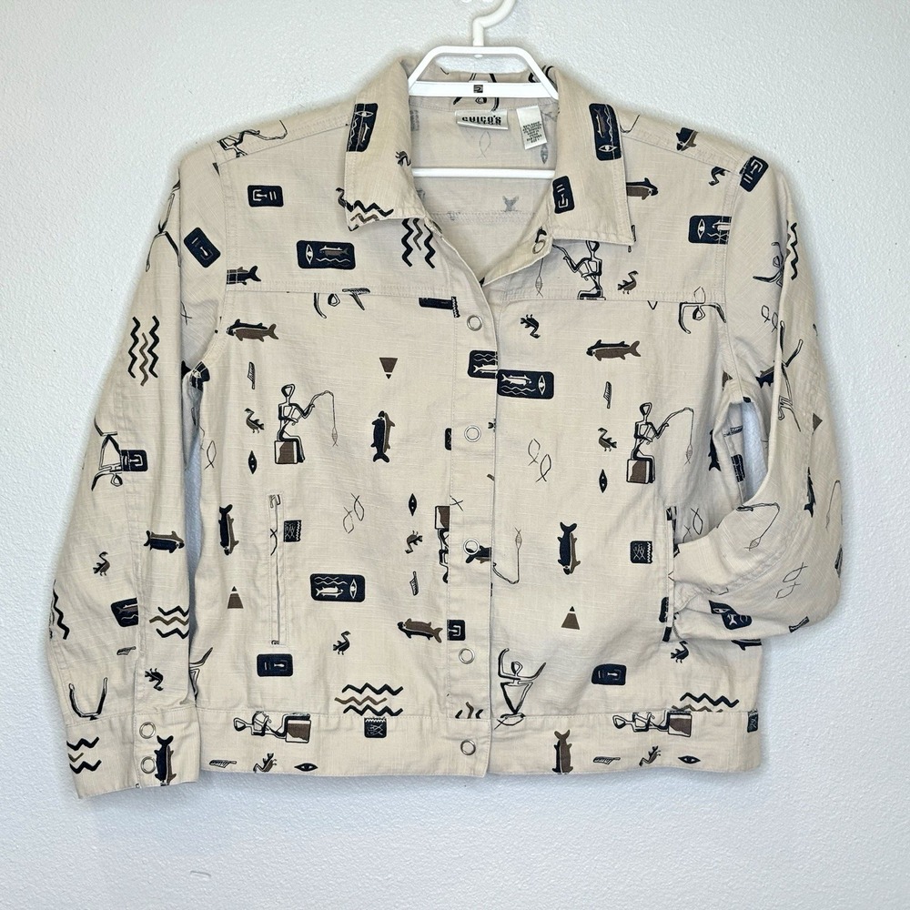 Chico's Design Jacket Graphic Print Womens Sz 1 Tan Black Fish Print Lightweight